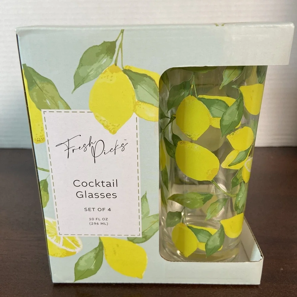 Set of 4 Fresh Picks Lemon Highball Glasses Lemonade Iced Tea Cocktail Tumblers